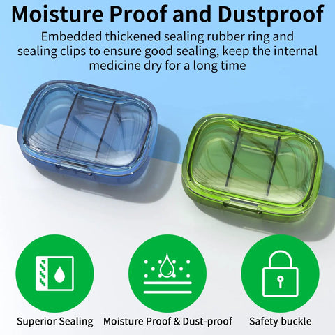 Two Pack Three Compartment Pill Box With Moisture Proof Case And Pocket Size Portable Travel Organizer, blue and green boxes
