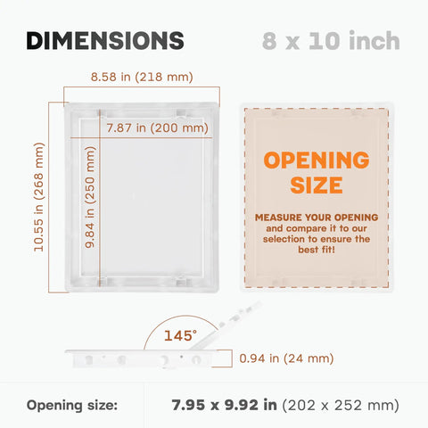 Top Shelf Eight By Ten Inch White Abs Plastic Plumbing Access Panel With Smooth One Hundred Eighty Degree Swivel Lid dimensions and opening size diagram.