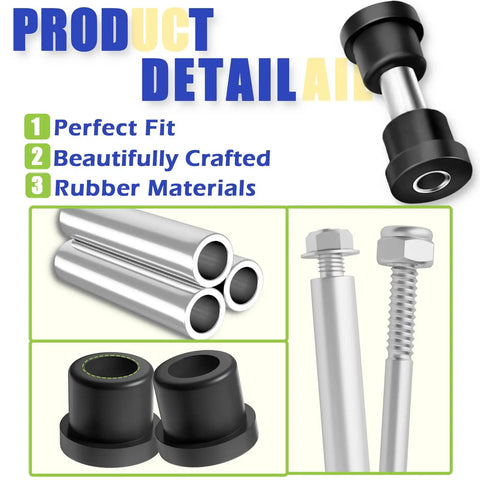 EZGO TXT Rear Leaf Spring Bushing And Sleeve Kit with rubber bushings, metal sleeves, screws, and nuts for golf carts