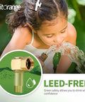Lead Free Brass Hose Reel Fittings And Swivel Adapter For Garden Hose Reels Brass Replacement Part With 1 Inch GHT To 0.8 Inch Connector 3 Inch Swivel Durable And Safe Fits Various Reel Models, brass hose fitting shown with child drinking water