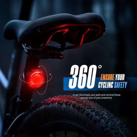 Two Pack 1500LM USB Rechargeable Bike Lights Set Front Headlight And Tail Light Waterproof With 5 Modes Fits Road And Mountain Bikes For Night Rides Everywhere shown in use on bicycle seat post at night, highlighting taillight visibility
