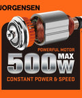Jorgensen oscillating tool motor cutaway with copper windings and orange gear on orange background, 500W max.