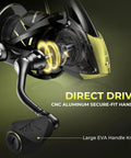 Close-up of Sharky X Spinning Reel With Six Point Two To One Gear Ratio And Carbon Fiber Drag 33 Lb And Thirty Nine And A Half Pound Ten Plus One Stainless Steel Bearings Ultra Lightweight Nylitech Body For Freshwater And Saltwater Fishing, showing direct drive handle and large EVA knob.