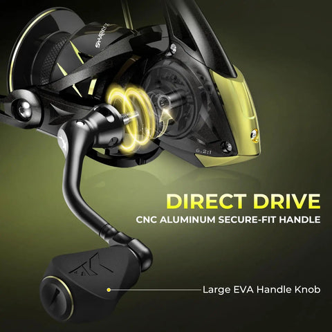Close-up of Sharky X Spinning Reel With Six Point Two To One Gear Ratio And Carbon Fiber Drag 33 Lb And Thirty Nine And A Half Pound Ten Plus One Stainless Steel Bearings Ultra Lightweight Nylitech Body For Freshwater And Saltwater Fishing, showing direct drive handle and large EVA knob.
