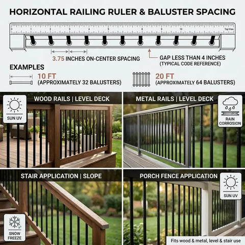 Illustration of 120 Pack 26 Inch Square Aluminum Deck Balusters Black Metal Deck Spindles With Ruler and Application Examples