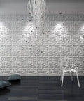 Paintable Wall Panel Maze 19.7 By 19.7 Inches Pack Of 12 In White Bamboo Fiber And Recycled Material For Living Room Bedroom Kitchen TV Backdrop Feature Wall 32 Sq Ft shown in modern interior with lighting highlighting 3D texture.