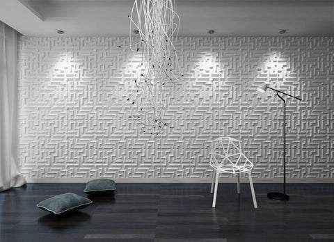Paintable Wall Panel Maze 19.7 By 19.7 Inches Pack Of 12 In White Bamboo Fiber And Recycled Material For Living Room Bedroom Kitchen TV Backdrop Feature Wall 32 Sq Ft shown in modern interior with lighting highlighting 3D texture.