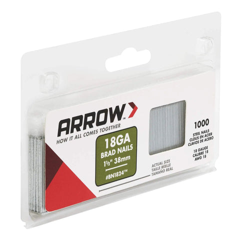 Top Shelf One And A Half Inch Eighteen Gauge Brad Nails In A Full Thousand Count Steel Pin Pack, 1000 count, 18 gauge steel nails in packaging.