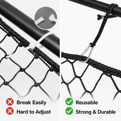 Batting Cage Net Hangers Kit with Heavy Duty Carabiner Clips and Lanyards showing durability comparison with plastic ties.