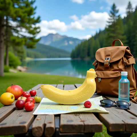Reusable Banana Keeper Guard With Secure Snap Lid Keeps Bananas Fresh And Prevents Bruising For Tailgate Days Camping Trips And Backyard Hangouts on picnic table with fruits and backpack.