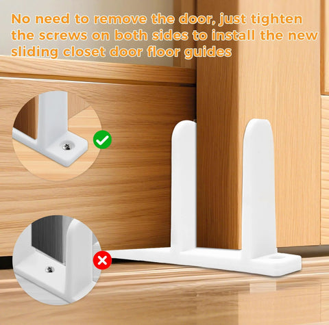 Four Pack Closet Door Floor Guides For Floor Sliding Doors Fits One And Three Eighths Inch Thick White With Eight Screws Durable ABS Material Waterproof And Wear Resistant Ideal For Cloakrooms Bathrooms And Kitchens installed on wooden floor with one door passing through.