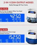 Ponnor Automatic Coin Counter Machine Sorter And Wrapper With Fast 300 Coins Per Minute Speed showing Tube and Tray modes with digital display.
