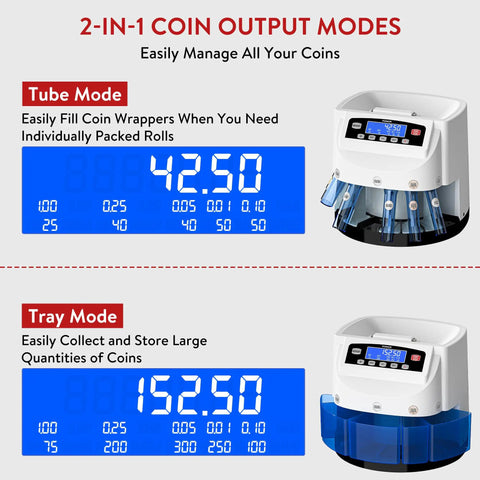 Ponnor Automatic Coin Counter Machine Sorter And Wrapper With Fast 300 Coins Per Minute Speed showing Tube and Tray modes with digital display.
