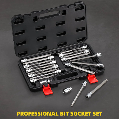 Extra Long 3/8 Inch Drive Hex Bit Socket Set, 20-Piece Ball End Allen Sockets in case, CR-V and S2 steel, SAE and Metric sizes.