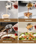 Two Pack Stainless Steel Espresso Cups With Handle And Double Spout Measuring Cup With Dual Scale 3.4 Oz 100 Ml in use for milk, espresso, steak sauce, and salad dressing.