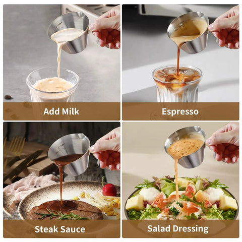 Two Pack Stainless Steel Espresso Cups With Handle And Double Spout Measuring Cup With Dual Scale 3.4 Oz 100 Ml in use for milk, espresso, steak sauce, and salad dressing.