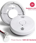 Dual Hazard Smoke And Carbon Monoxide Detector With Voice Warning Hardwired Setup And Ten Year Sealed Lithium Battery Backup Interconnectable Network Built Tough For Zero Drama Family Safety White showing hardwired back and base.