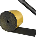 4 Inch Foam Pipe Insulation Tape 16.5 Ft Self Adhesive Foam Wrap For HVAC Lines, unrolled showing black foam and adhesive backing
