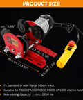 Beefy Electric Trolley For Power Hoist, 1 Ton Capacity, 2204 Lbs Load, Fits 2.68 To 4.33 In I Beam, Overhead Trolley For PA600 PA700 PA800 PA900 PA1000 Hoists, Heavy Duty Wide Flange Wheels displayed with dimensions and remote control.
