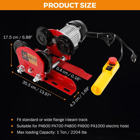 Beefy Electric Trolley For Power Hoist, 1 Ton Capacity, 2204 Lbs Load, Fits 2.68 To 4.33 In I Beam, Overhead Trolley For PA600 PA700 PA800 PA900 PA1000 Hoists, Heavy Duty Wide Flange Wheels displayed with dimensions and remote control.