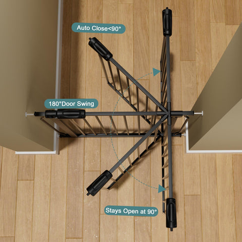 Top view of extra wide baby gate for doorways and stairs, pressure mounted black metal walk through design with swing door at 90°.