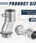 Four Pack Half Inch EMT To Box Offset Connectors With Set Screw And Lock Nut Conduit Fittings For Galvanized Steel Electrical EMT Conduit Zinc Die Cast, side and angled view, showing 2.1 inch size and 4 pieces per pack.