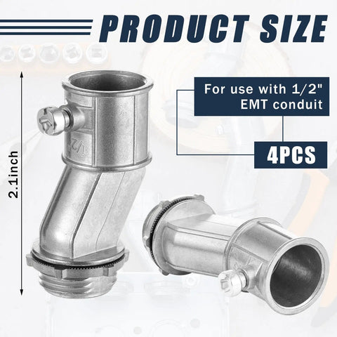 Four Pack Half Inch EMT To Box Offset Connectors With Set Screw And Lock Nut Conduit Fittings For Galvanized Steel Electrical EMT Conduit Zinc Die Cast, side and angled view, showing 2.1 inch size and 4 pieces per pack.