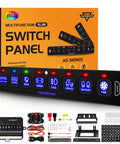 8 Gang Slim Switch Panel With RGB Backlit LED For Truck Offroad Car And Boat AS R80 Dimmable Toggle Momentary Pulsed Control 12 24V Waterproof With Backlight On Off And 3 Year Warranty next to original box and accessories