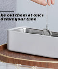 Hella Tough Stainless Steel Ultrasonic Cleaning Baskets Featuring Slick Locking Hooks Zero Hassle Small Parts Holder with mesh strainer