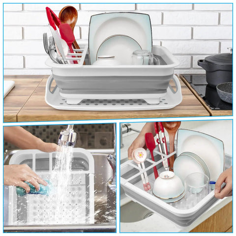 Must Have Collapsible Over Sink Dish Rack With Drainboard holding dishes, utensils; in use above the sink, showing storage.