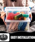 Person holding clear storage box with toys, ad for 6 Pack Stick-On Adhesive Mini Swivel Caster Wheels For Furniture And Appliances