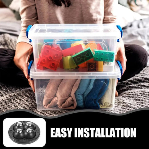 Person holding clear storage box with toys, ad for 6 Pack Stick-On Adhesive Mini Swivel Caster Wheels For Furniture And Appliances