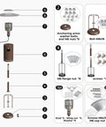 Exploded view of propane patio heater assembly with Must Have Bolt And Nut Set For Propane Patio Heaters Pro Grade Stainless Heavy Duty Hardware Replacement Screws Pack For Round Stand Up Outdoor Heaters Includes All Mounting Screws And Nuts Silver Finish, showing various hardware parts including anchoring arms, bolts, and screws.