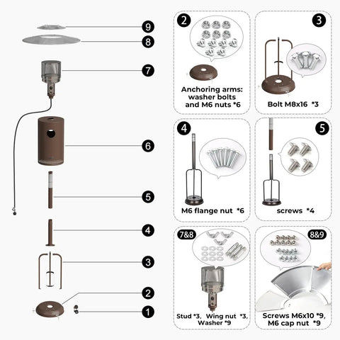 Exploded view of propane patio heater assembly with Must Have Bolt And Nut Set For Propane Patio Heaters Pro Grade Stainless Heavy Duty Hardware Replacement Screws Pack For Round Stand Up Outdoor Heaters Includes All Mounting Screws And Nuts Silver Finish, showing various hardware parts including anchoring arms, bolts, and screws.