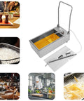 Heavy Duty Commercial Stainless Steel Oil Filter Machine With Foldable Design And Casters For Restaurant Kitchen Grease Suction And Cleanup, shown with oil and hose.