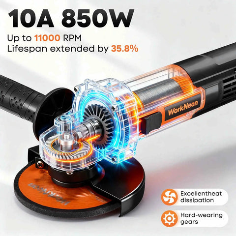 4 1/2 Inch Angle Grinder 850W 11,000 RPM High Torque Electric Grinder With Auxiliary Handle And 5 Wheel Attachments For Metal Cutting