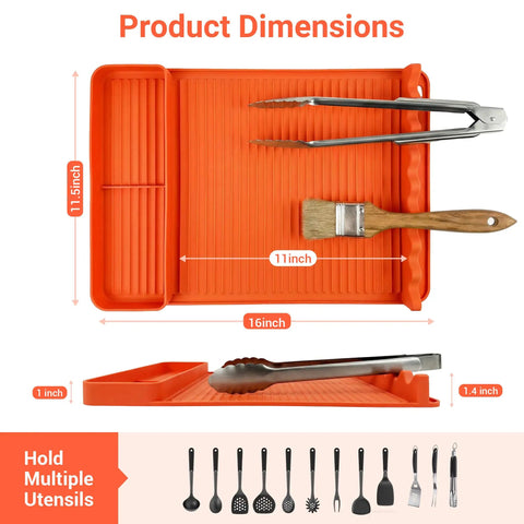 Silicone Grill Mat For Blackstone 16x11.5 Inch Non Slip Tool Mat With Sauce Drip Pad And Wavy Grip, Orange with tools