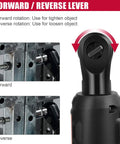 Forward reverse lever on 12 Volt Cordless Ratchet Wrench Set Three Eighths Inch Drive With Thirty Five Ft Lbs Torque And Two Hundred Thirty RPM