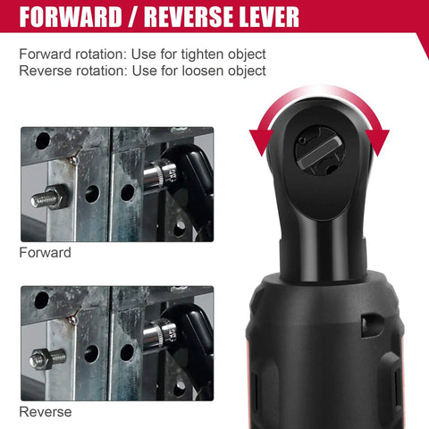Forward reverse lever on 12 Volt Cordless Ratchet Wrench Set Three Eighths Inch Drive With Thirty Five Ft Lbs Torque And Two Hundred Thirty RPM