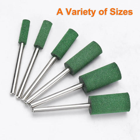 20 Pcs Rubber Polishing Bits Set for Rotary Tools, 6mm Mounted Cylindrical Head with 3mm Shank, green, shown in various sizes