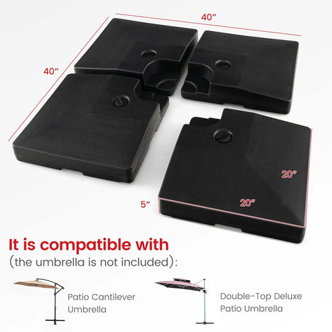 Fillable Offset Patio Umbrella Base Set For Cantilever Umbrellas, Water And Sand Fill Weight Up To 284 Lbs, 4 Piece Stand
