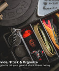 Holy Grail Stackable Storage Bins With Lids And Dividers For Closet And Garage Organization Heavy Duty Plastic Crates filled with workout gear.