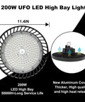 200W High Bay LED Light 22000LM 6500K Daylight design and dimensions illustration with aluminum cover