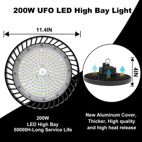 200W High Bay LED Light 22000LM 6500K Daylight design and dimensions illustration with aluminum cover