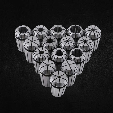 15 Piece Er20 Spring Collet Set For Milling And Lathe Use Holds Shanks From 1mm To 13mm Metric Router Workholding Tool Holder Kit on black background.