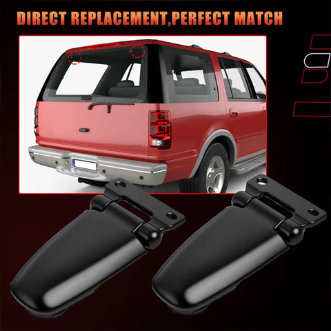 Ford Lincoln Rear Liftgate Window Hinges Replacement For Expedition 1997-2002 And Navigator 1998-2002 Replaces F75B-78420A69-AA And F75B-78420A68-AA Drop-In Fit shown installed on vehicle with close-up of black hinges.