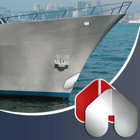 Heavy Duty 2 Piece Stainless Steel Boat Bow Guard With Strong Adhesive Rust Proof Keel Protector on boat hull by water.