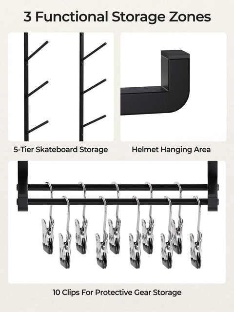 Heavy Duty Five Tier Skateboard Rack Wall Mount With Ten Coated Clips For Helmets Plus Gear Solid Garage Storage System features 5-tier design and gear clips.