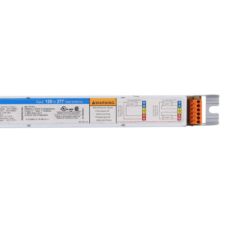 Side view of AccuStart 5 B228PUNV C T5 Electronic Fluorescent Ballast For Two Lamps 28W 120 277V with warning labels