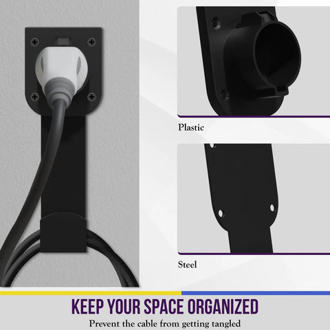 J1772 EV Charger Holder Wall Mount Heavy Duty Steel Cable Organizer Storage Hook showcasing black mount with charging cable.